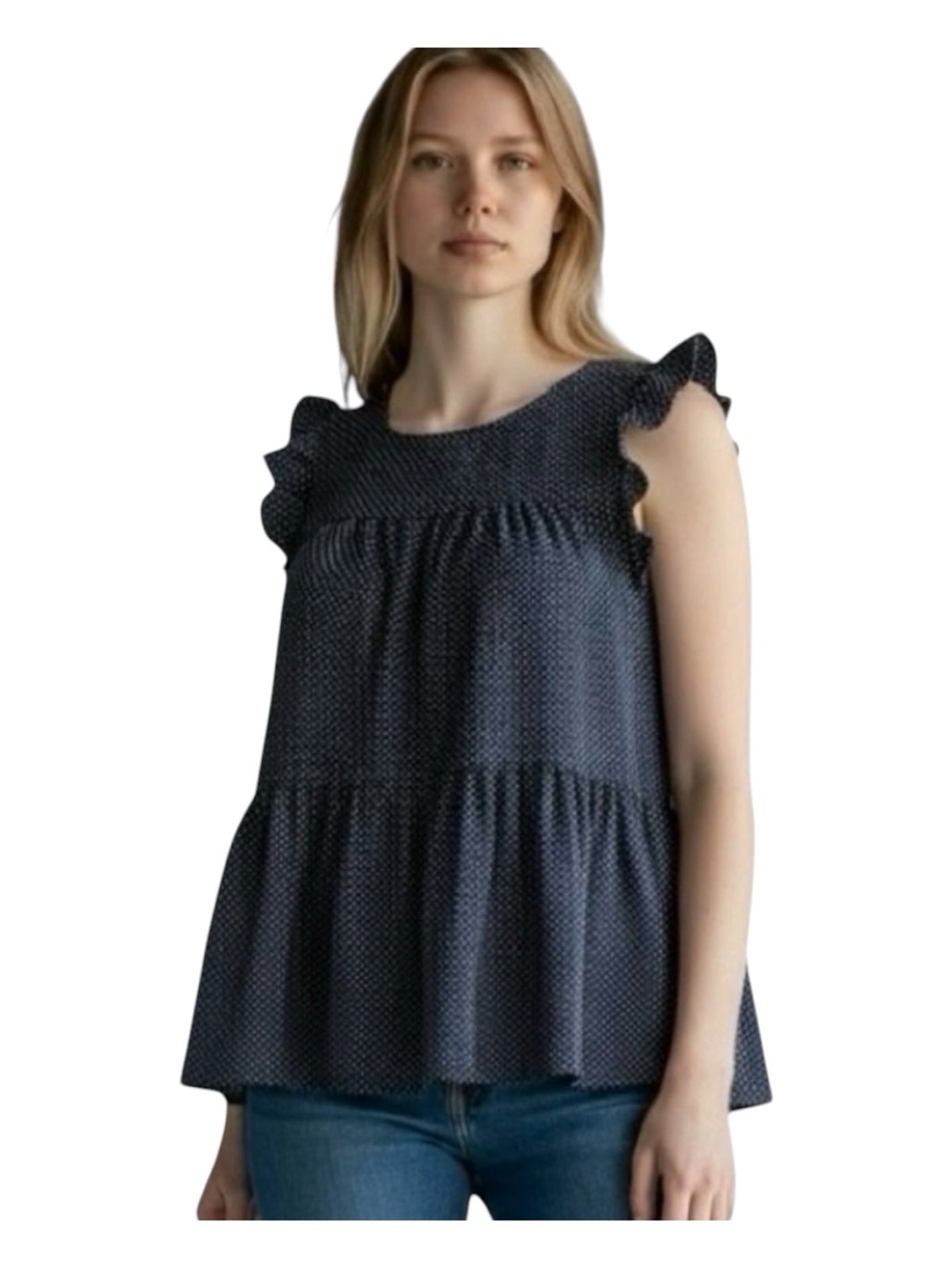 Ricki's Midnight Blue Ruffle Sleeve polka dot Top, size Small